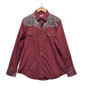 Winster Western Shirt Mens M Burgundy Embroidered Horse Faux Leather Yoke Rodeo